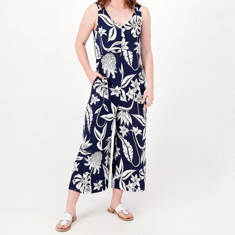 Cuddl Duds Tropical Leaf Crop Wide Leg Jumpsuit - Size Tall Large (TL)